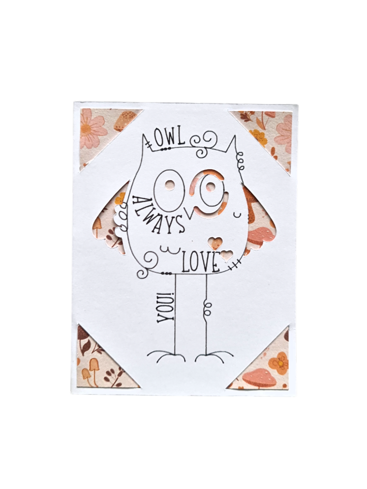 Felicitare handmade cu bufnită simpatică, ilustrație de toamnă cu flori și ciuperci, mesaj "Owl Always Love You", cadou romantic de aniversare sau dragoste.