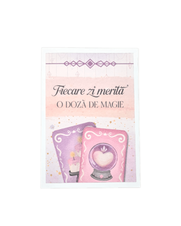 Felicitare handmade realizată în România, cu mesaj pozitiv „fiecare zi merită o doză de magie”, perfectă ca dar simbolic pentru a aduce bucurie, optimism și magie în fiecare zi