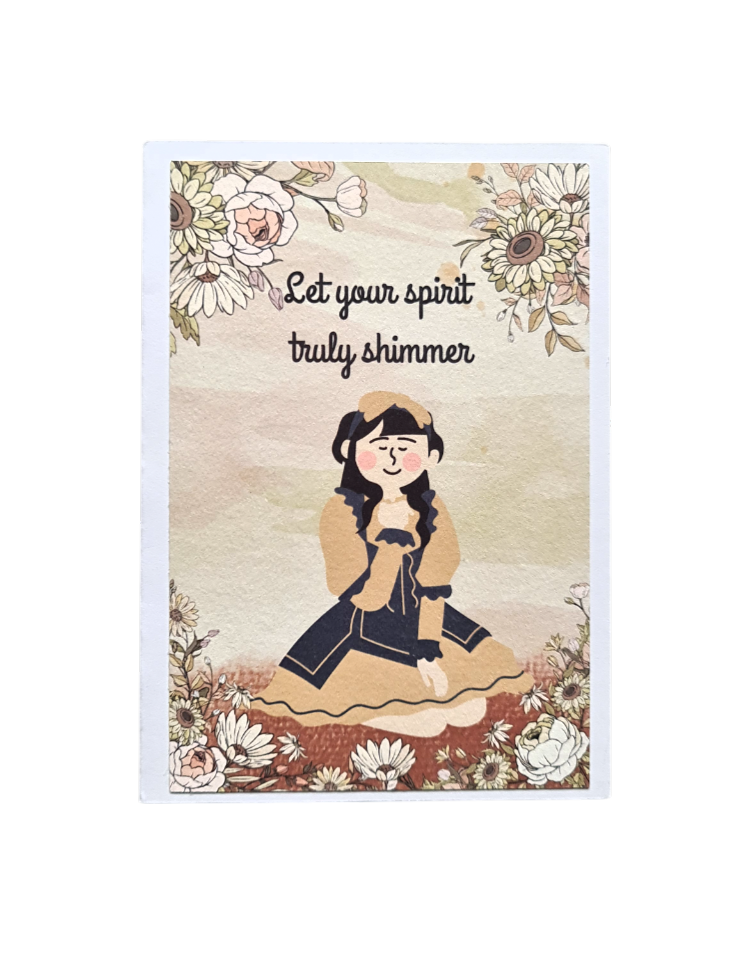 Felicitare handmade cu ilustrație vintage floral și figură feminină elegantă, mesaj inspirațional "Let Your Spirit Truly Shimmer", cadou pentru o ocazie specială sau de încurajare.