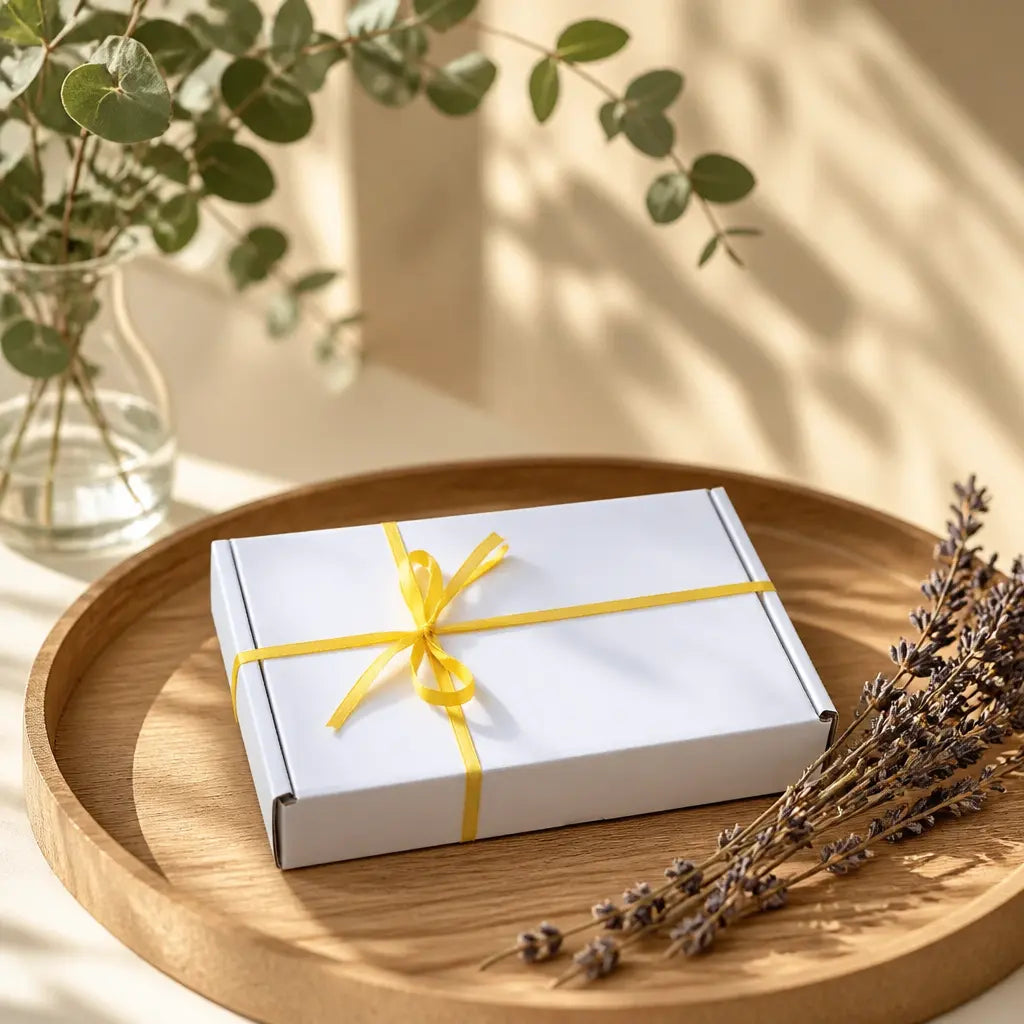 Cutie cadou Fresh Start cu produse de papetărie handmade și accesorii tematice cu lămâi, prezentată pe tavă de lemn
