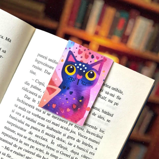 Semn de carte magnetic cu ilustratie pisica mov închis cu inimioare și ochi galbeni, ideal pentru iubitorii de lectură, colecționarii de semne de carte și cititorii pasionați din România.