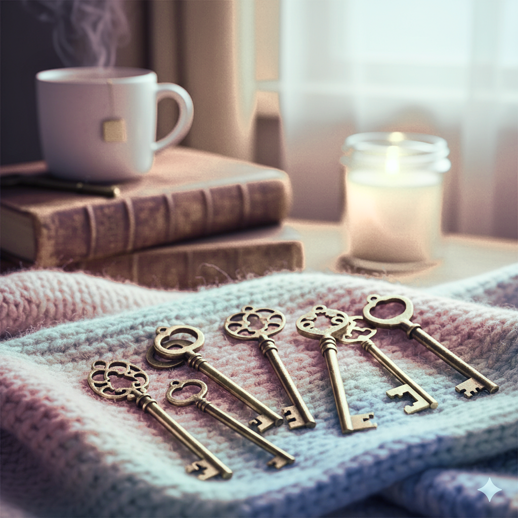 Flatlay cozy cu chei și accesorii decorative fotografie pentru colecția de brelocuri handmade