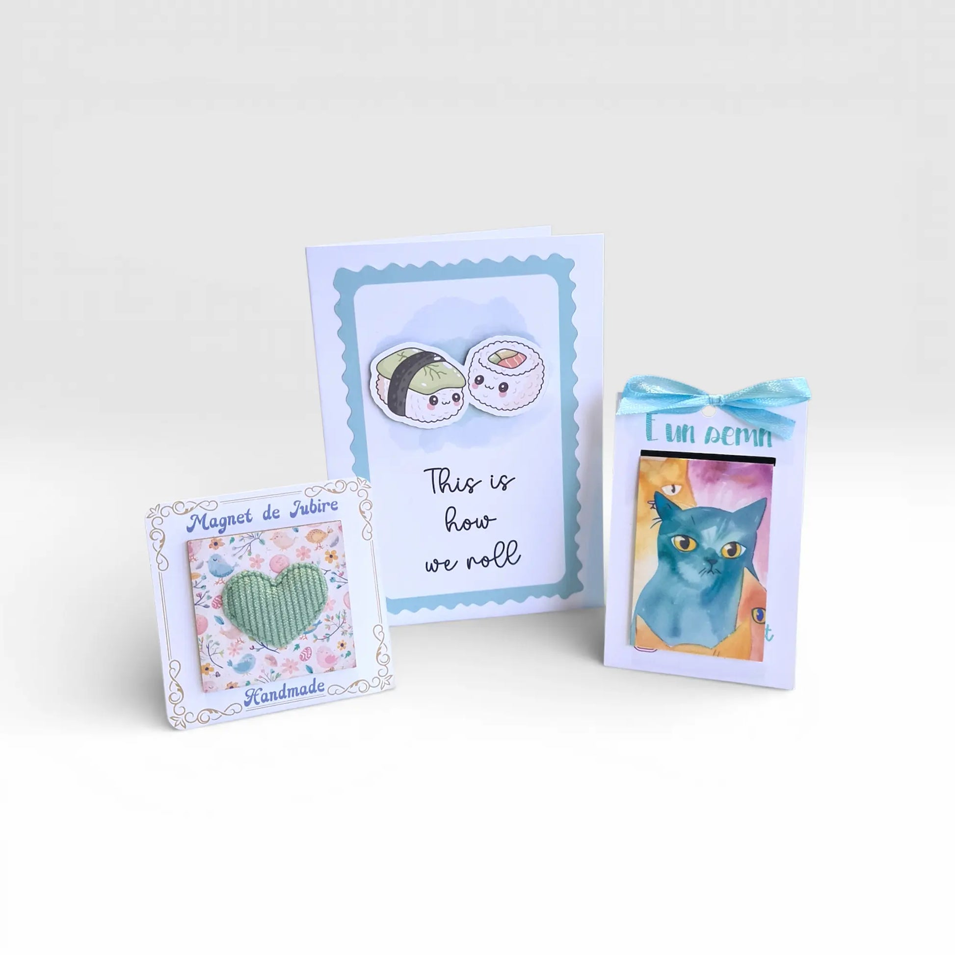 Set cadou handmade cu felicitare 3D, magnet inimioară și semn de carte pisici, design original, cadou perfect pentru prieteni sau parteneri