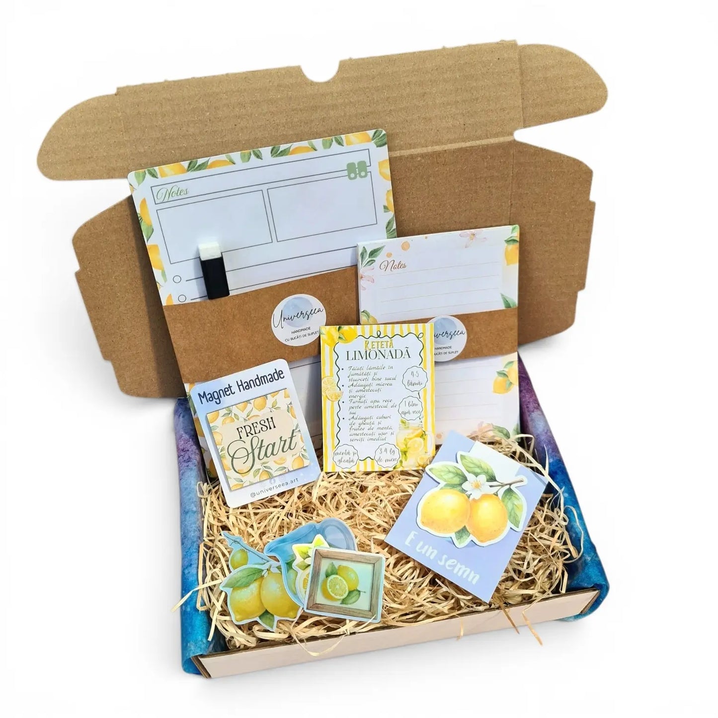 Set papetărie handmade Fresh Start cu planner magnetic A5 Whiteboard și accesorii pentru organizare, așezat într-o cutie cadou