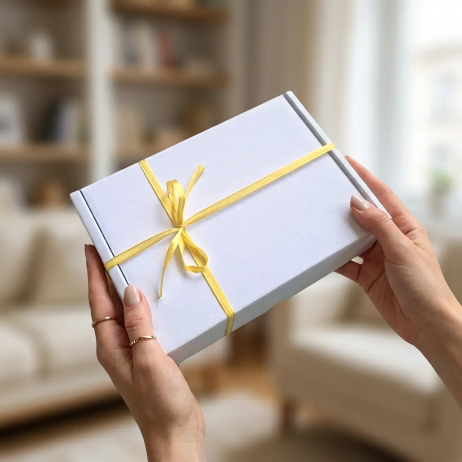 Ambalaj cadou handmade Fresh Start ținut în mână, cu cutie albă și detalii galbene