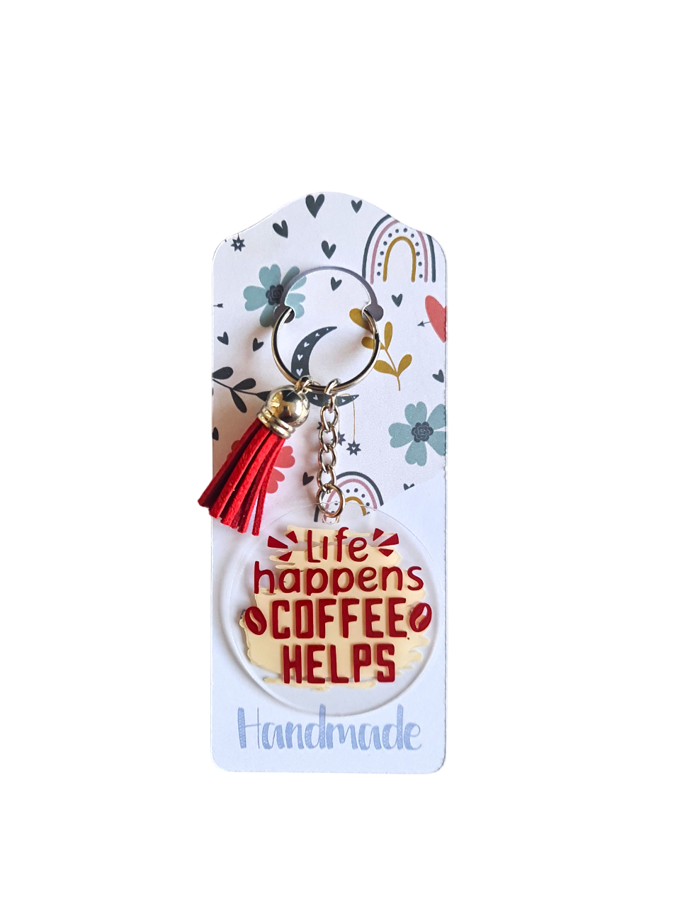 Breloc acrilic "Life Happens, Coffee Helps"