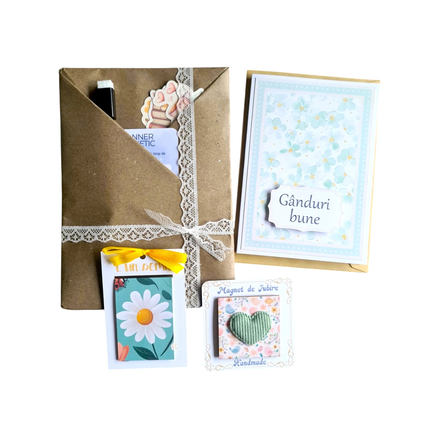 Set cadou pastel verde pentru femei, gata ambalat pentru oferit: planner, semn de carte, magnet și felicitare handmade.