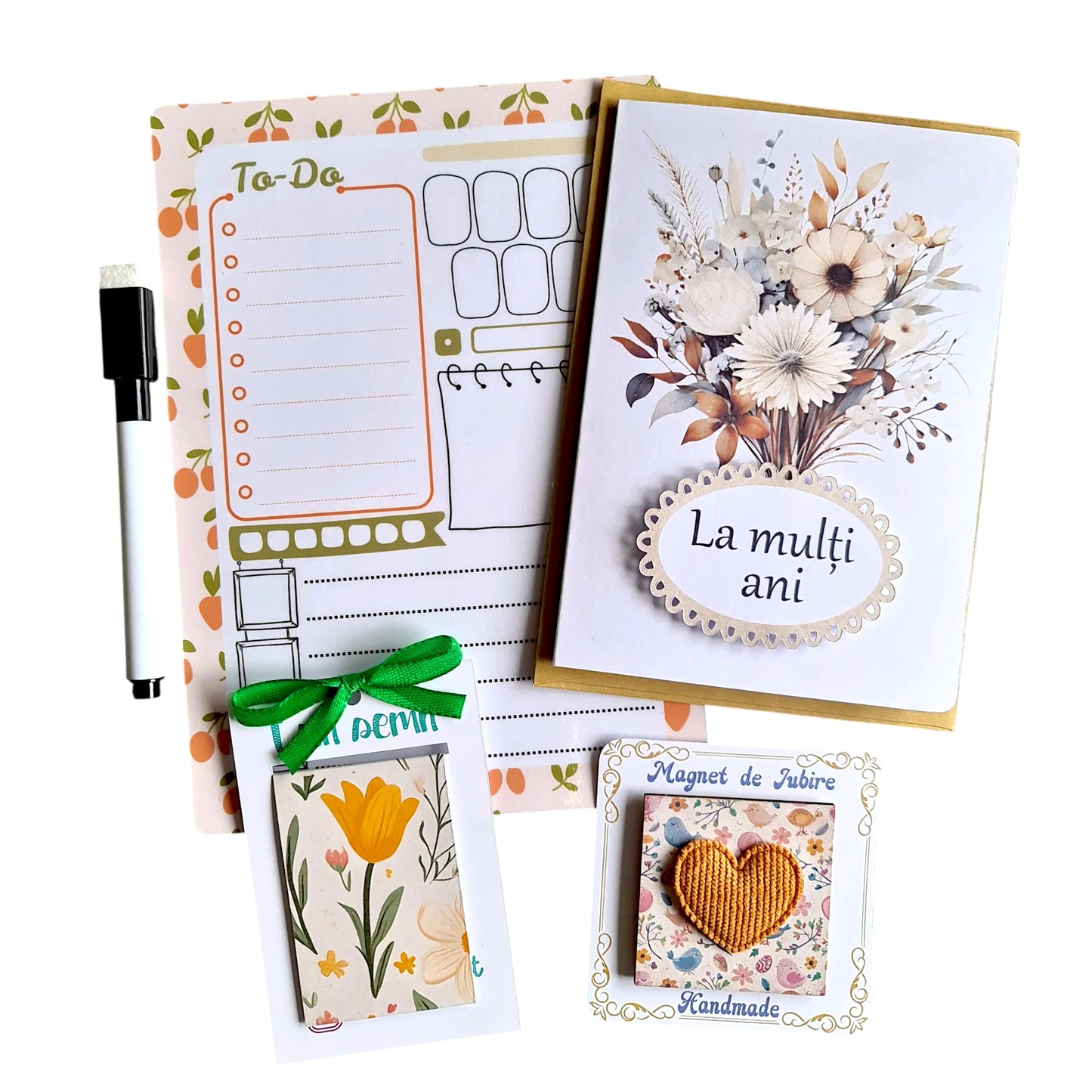 Set cadou portocaliu pastel - planner magnetic A5, semn de carte clip-on, magnet inimă 3D și felicitare „La mulți ani”, perfect pentru femei.