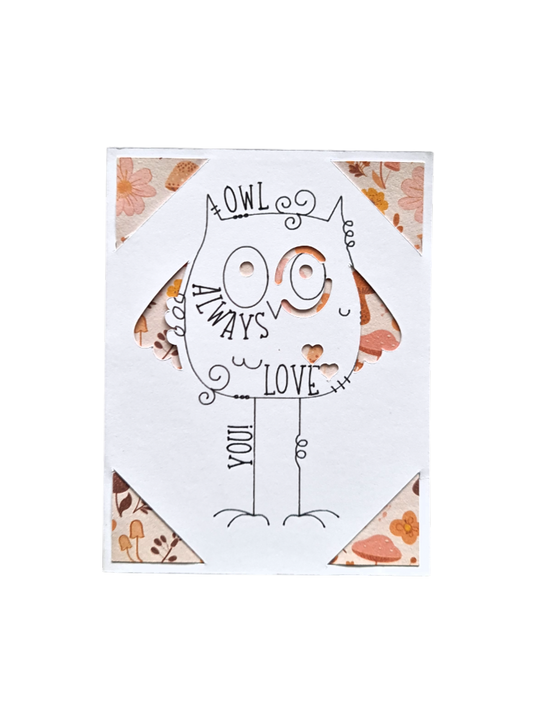 Felicitare handmade cu bufnită simpatică, ilustrație de toamnă cu flori și ciuperci, mesaj "Owl Always Love You", cadou romantic de aniversare sau dragoste.