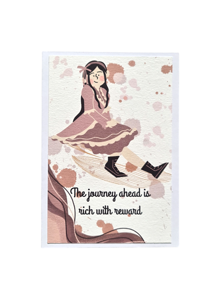 Felicitare handmade inspirațională cu figură feminină elegantă și model vintage floral, mesajul "The Journey Ahead Is Rich with Reward", cadou pentru un nou început sau pensionare.