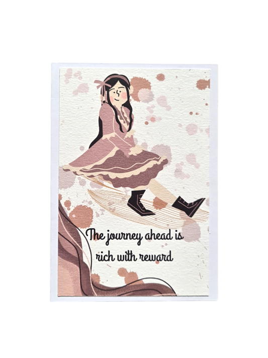 Felicitare handmade inspirațională cu figură feminină elegantă și model vintage floral, mesajul "The Journey Ahead Is Rich with Reward", cadou pentru un nou început sau pensionare.