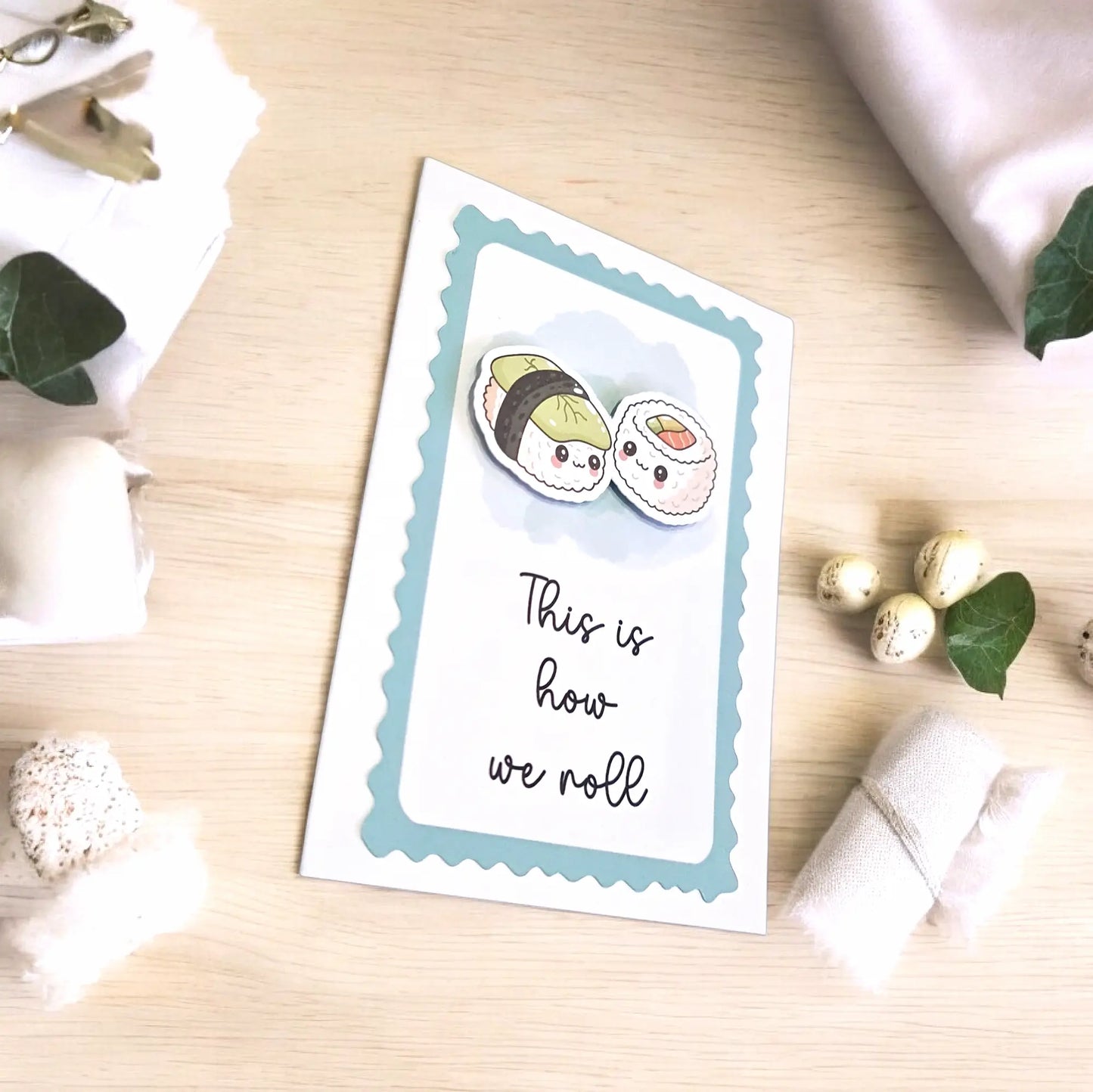 Felicitare handmade cu element 3D sushi, design original, cadou ideal pentru prieteni sau parteneri