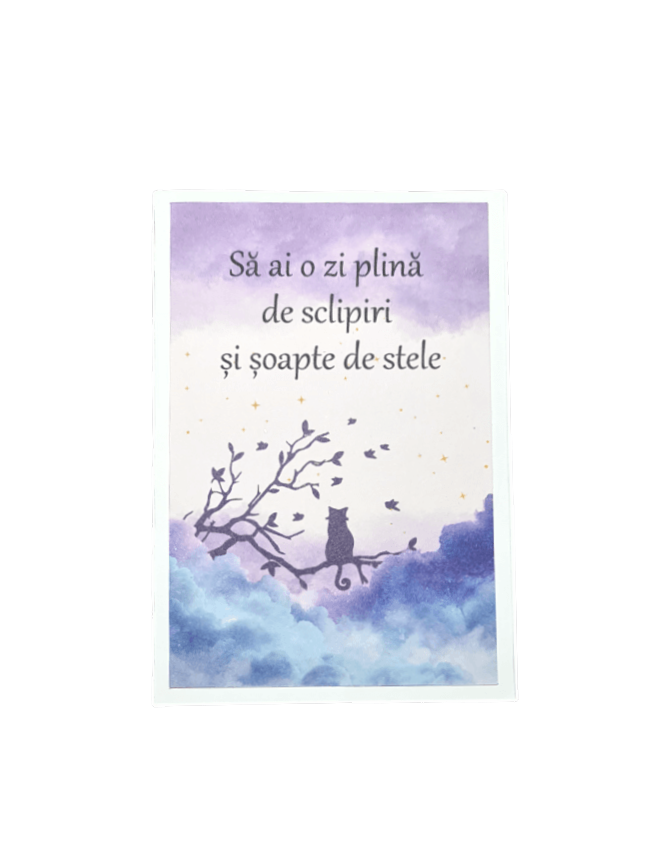 Felicitare handmade realizată în România, cu mesaj poetic „să ai o zi plină de sclipiri și șoapte de stele”, ideală ca dar simbolic pentru aniversări și momente speciale