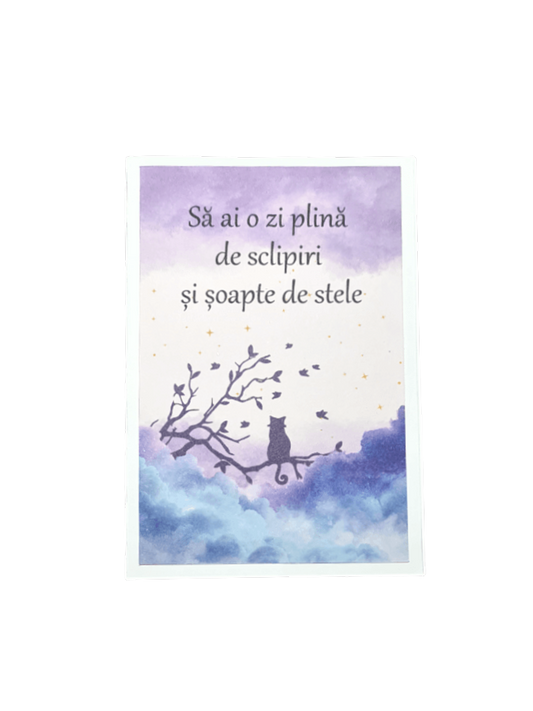 Felicitare handmade realizată în România, cu mesaj poetic „să ai o zi plină de sclipiri și șoapte de stele”, ideală ca dar simbolic pentru aniversări și momente speciale
