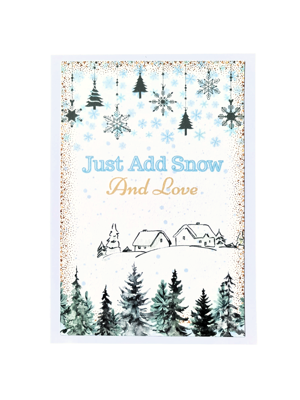 felicitare handmade cu ilustratie si mesaj cu peisaj de iarna pentru sarbatori