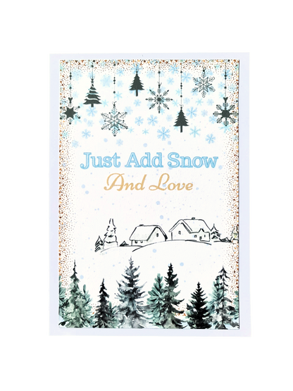 felicitare handmade cu ilustratie si mesaj cu peisaj de iarna pentru sarbatori