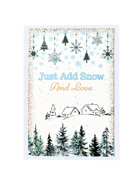 felicitare handmade cu ilustratie si mesaj cu peisaj de iarna pentru sarbatori