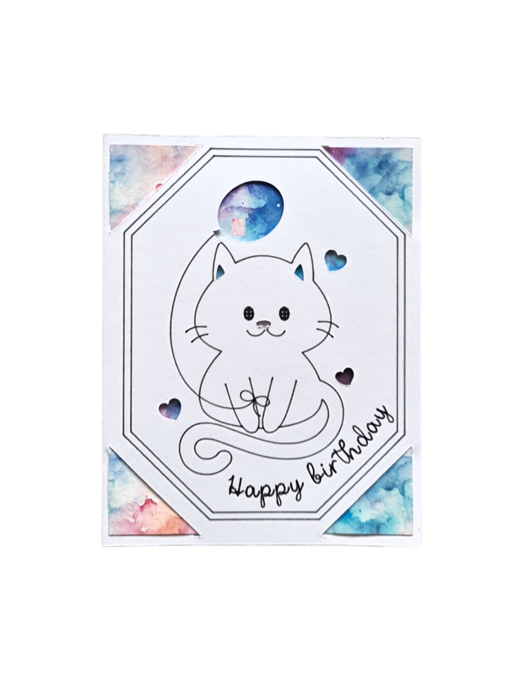 Felicitare handmade Happy Birthday cu ilustrație pisică pe fundal galaxie și stele, cadou original pentru fanii de spațiu și iubitorii de pisici.