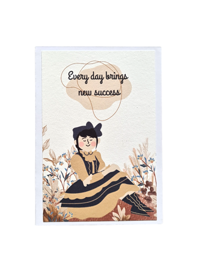 Felicitare handmade motivațională cu ilustrație vintage floral și portret feminin elegant, mesajul "Every Day Brings New Success", cadou pentru încurajare sau felicitări profesionale.