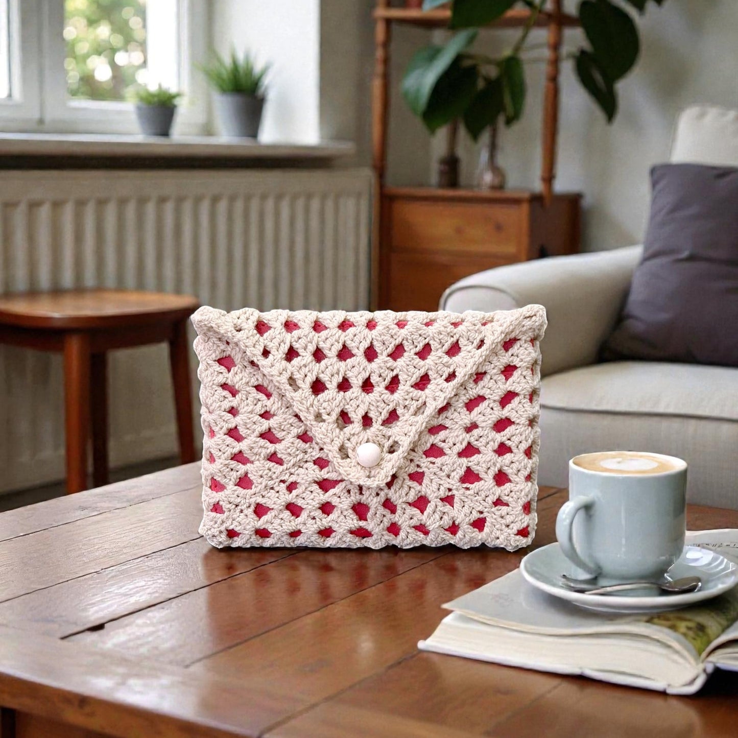 Husă crem croșetată manual, accesoriu unicat pentru lectură