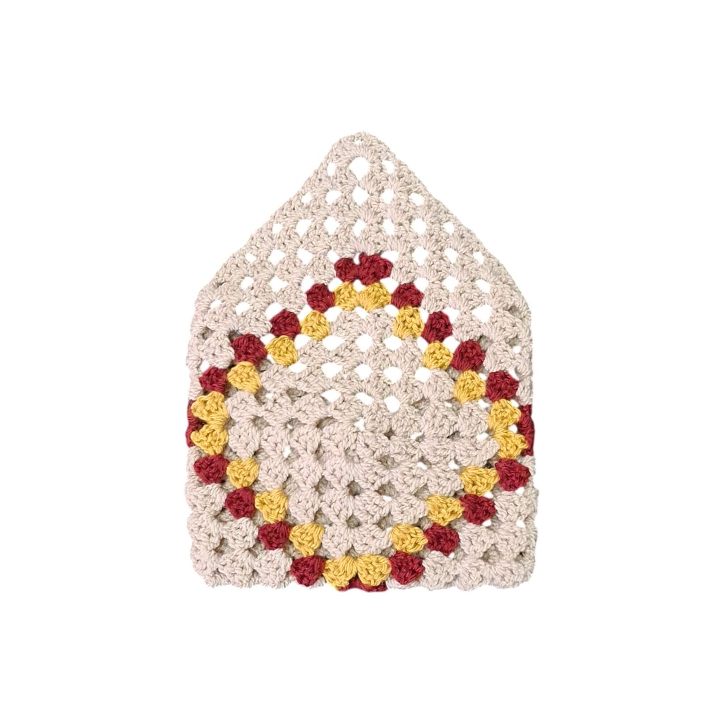Husă de carte croșetată cu model romb, crem, galben și roșu burgund, unicat și handmade, ideală ca cadou original pentru cititori și colecționari de semne și accesorii de lectură în România.