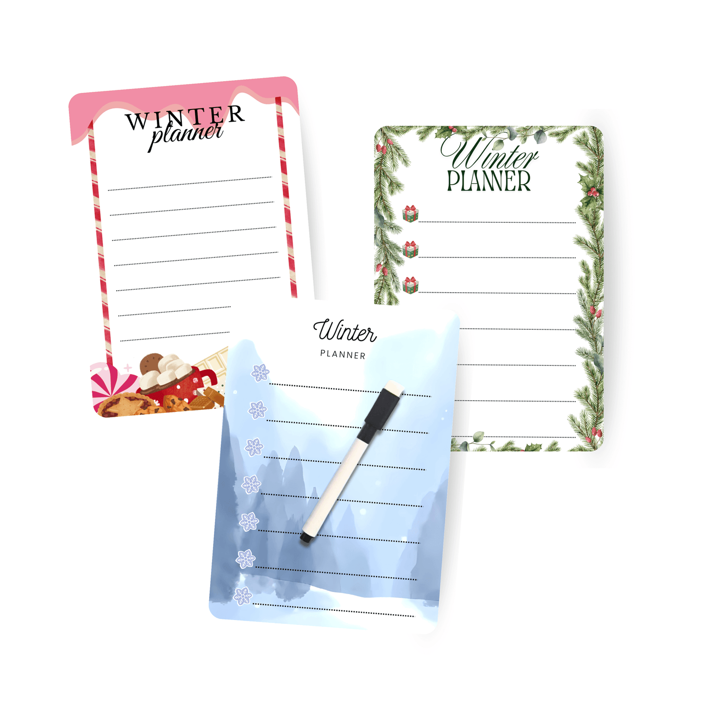 trei mini plannere magnetice de iarna in diferite modele, cu marker whiteboard, pe fundal alb