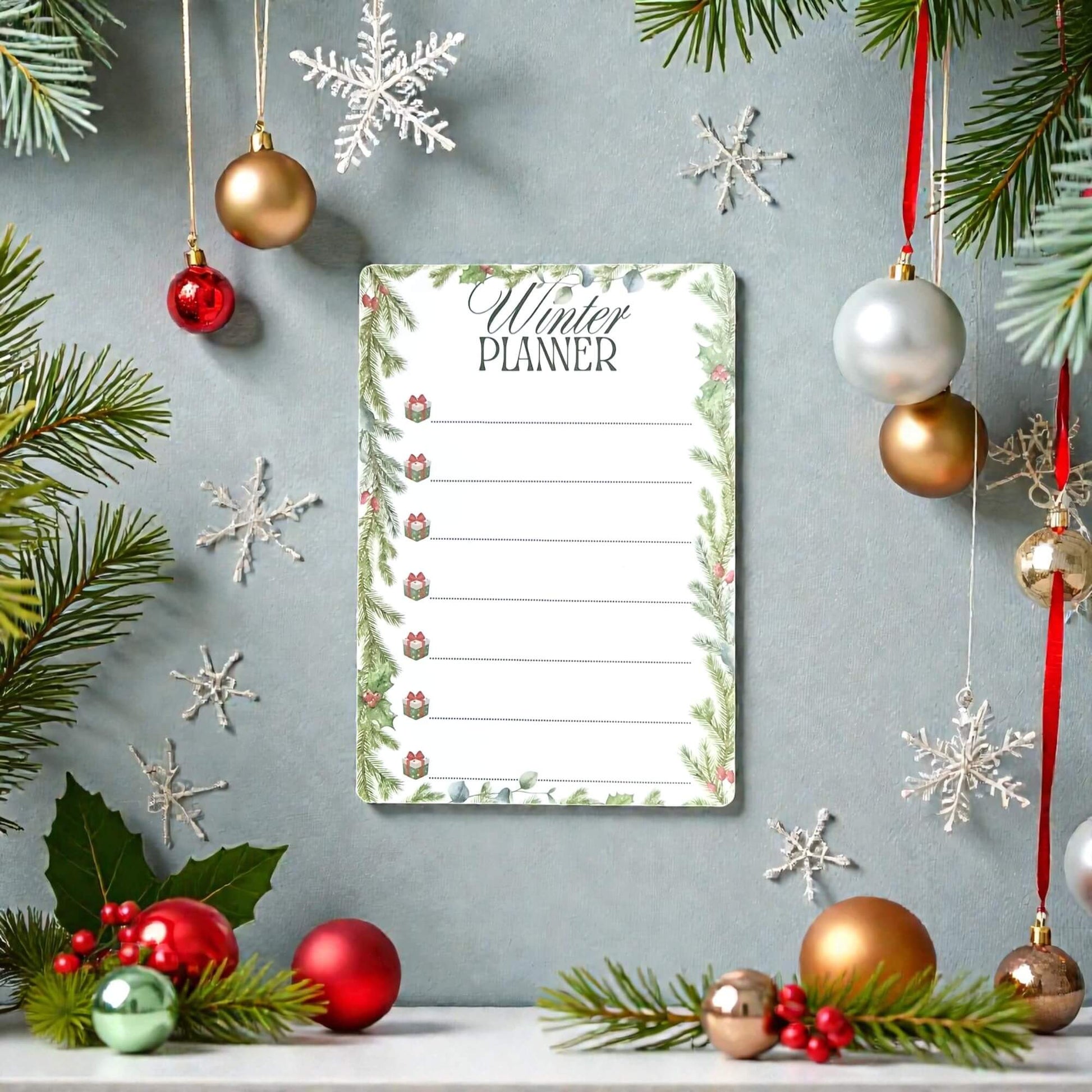 planner magnetic de iarna cu rama verde din brad si decoratiuni, pe fundal tematic de Craciun