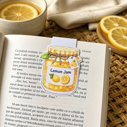 Bookmark magnetic handmade Borcan Lemon Jam cu lămâi și text în engleză, cadou pentru iubitori de cărți