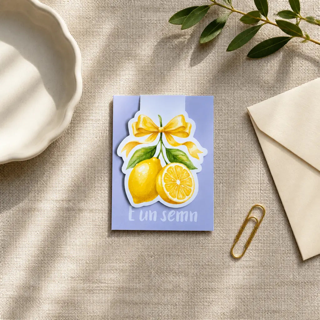 Semn de carte handmade cu lămâi model fundă pentru cărți, agende și planere