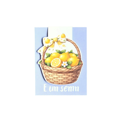 Semn de carte magnetic handmade cu ilustrație coș de lămâi, realizat în România pentru utilizare zilnică în cărți și agende