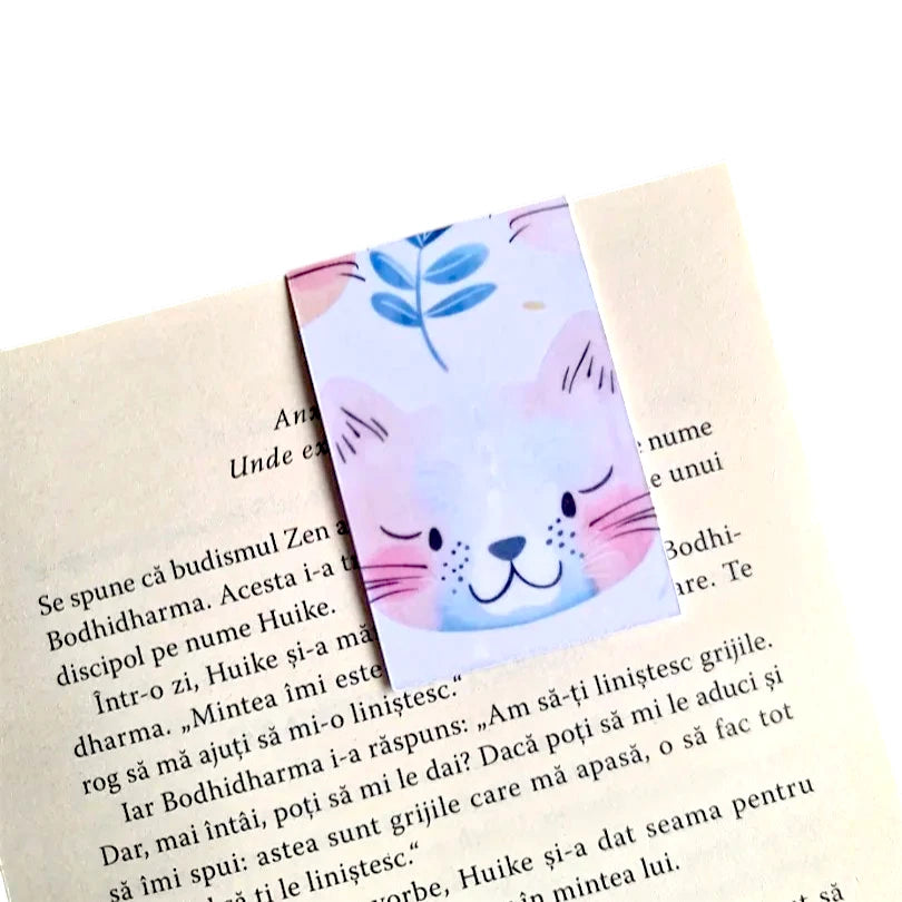 Semn de carte handmade cu pisică roz pastel, model magnetic pentru citit