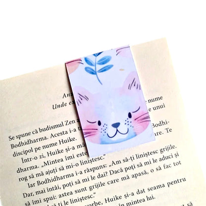 Semn de carte handmade cu pisică roz pastel, model magnetic pentru citit