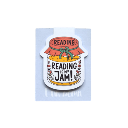 Semn de carte magnetic cu ilustrație amuzantă cu borcan de gem și mesajul "Reading is My Jam", cadou tematic pentru bibliofili.
