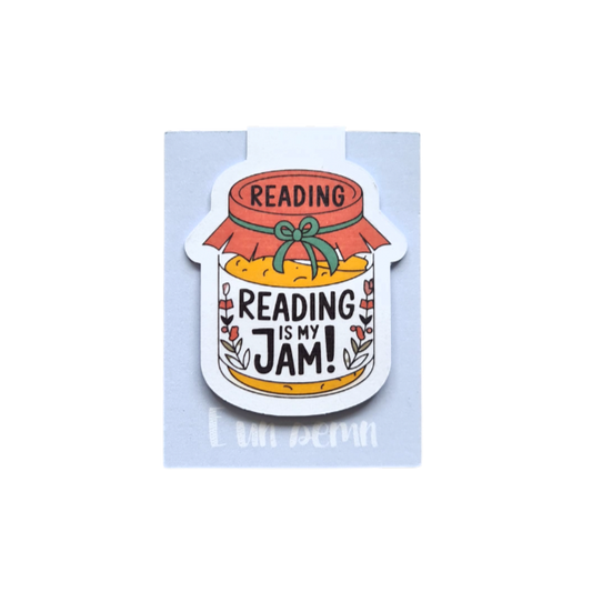Semn de carte magnetic cu ilustrație amuzantă cu borcan de gem și mesajul "Reading is My Jam", cadou tematic pentru bibliofili.