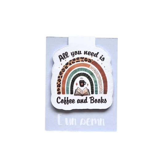 Semn de carte magnetic handmade cu mesaj "All You Need is Coffee and Books", ideal cadou pentru cititorii pasionați de cafea.