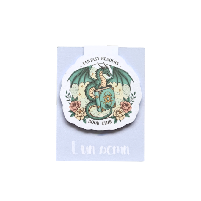 Semn de carte magnetic cu ilustrație de dragon verde, accesoriu cadou pentru fanii de cărți fantasy și mitologie.