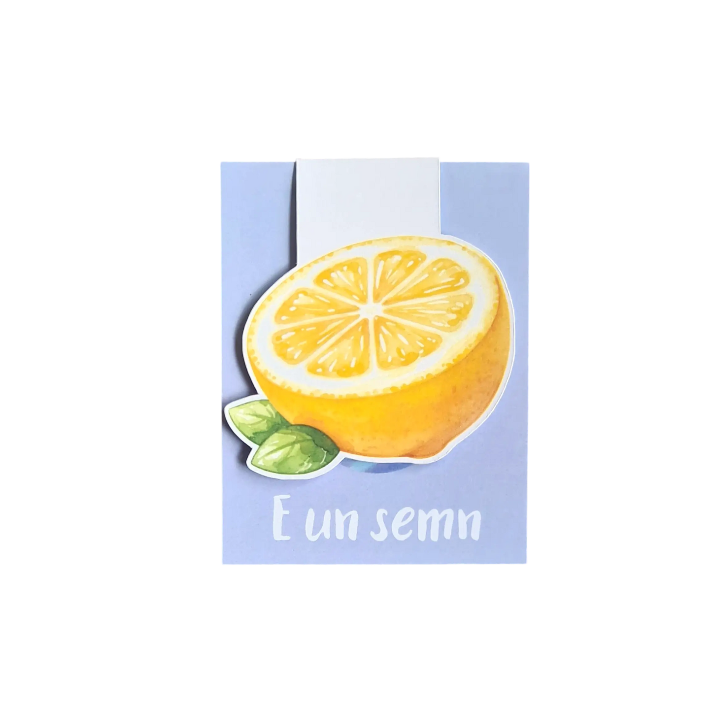 Semn de carte magnetic handmade cu jumătate de lămâie, realizat în România, potrivit pentru cărți, agende și planere.