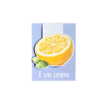 Semn de carte magnetic handmade cu jumătate de lămâie, realizat în România, potrivit pentru cărți, agende și planere.