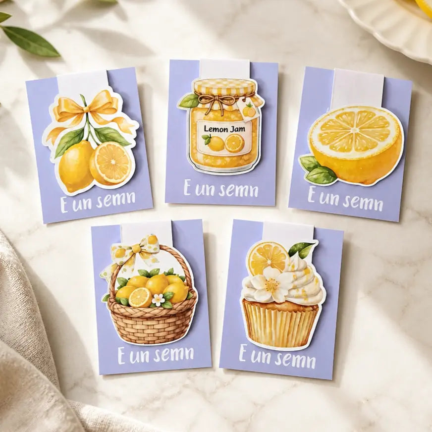Semn de carte magnetic handmade cu lămâi set cadou 5 modele Fresh Vibes realizate în România