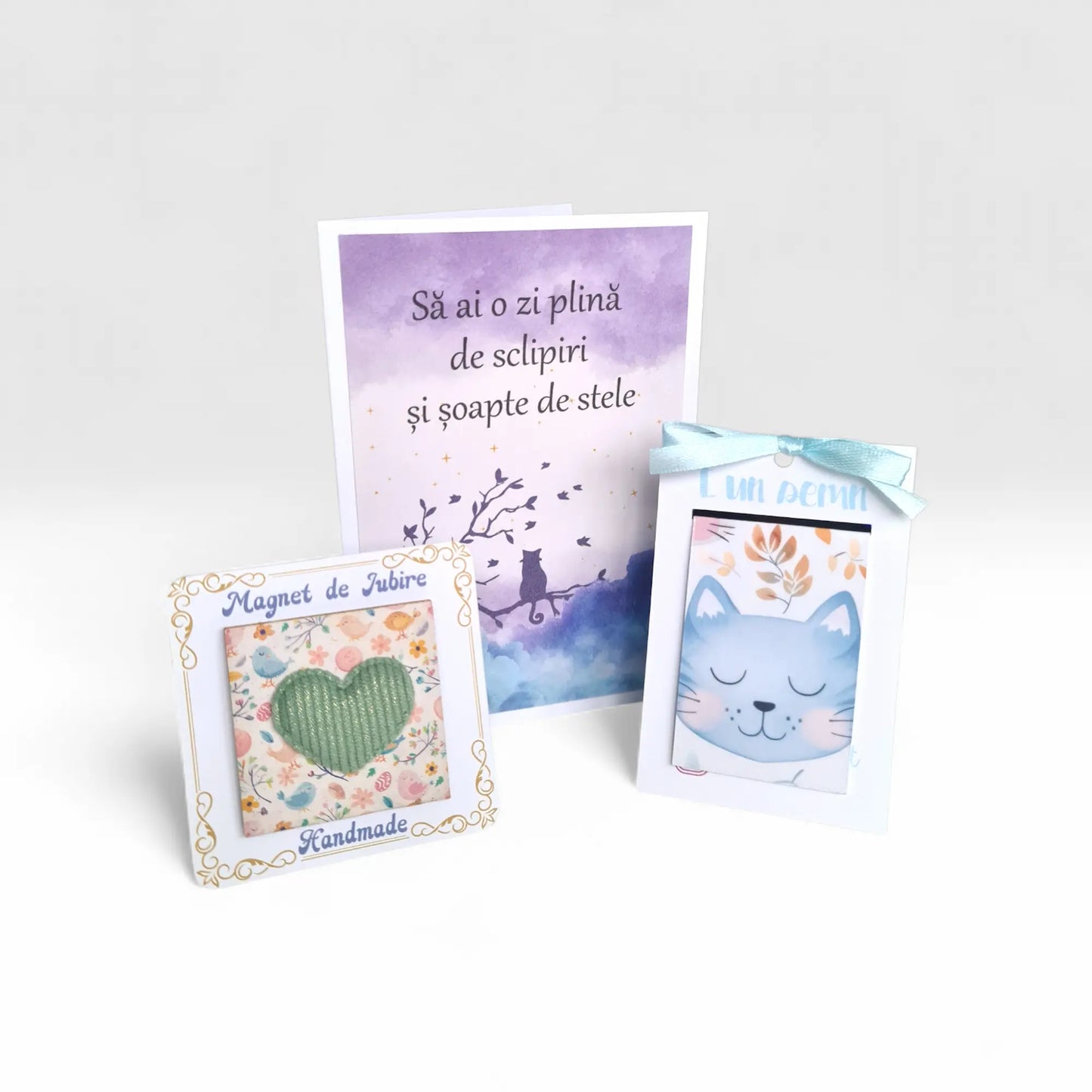 Set cadou bookish cu felicitare, semn de carte magnetic si magnet cu inima verde deschis si pisica bleu