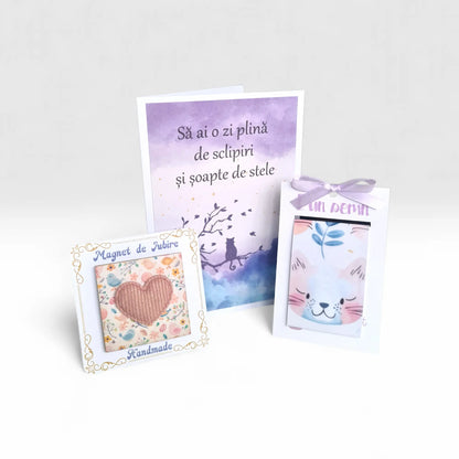 Set cadou handmade cu felicitare, semn de carte magnetic si magnet roz cu pisica pastel, ideal pentru iubitorii de carti