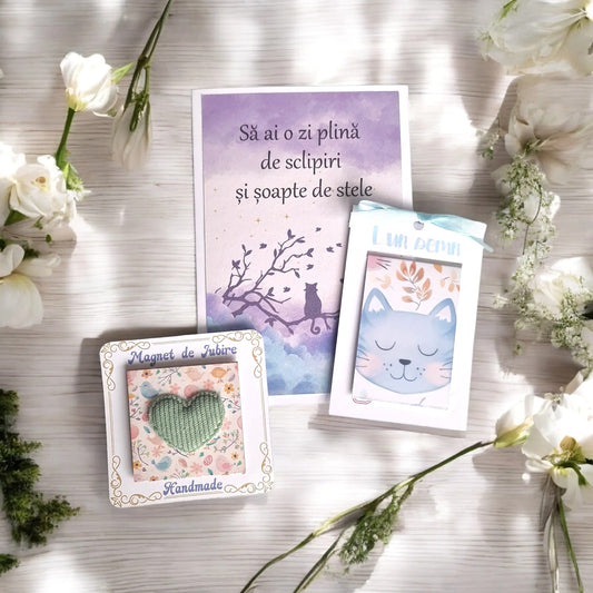 Cadou handmade cu semn de carte magnetic, magnet decorativ cu inima verde deschis si pisica bleu