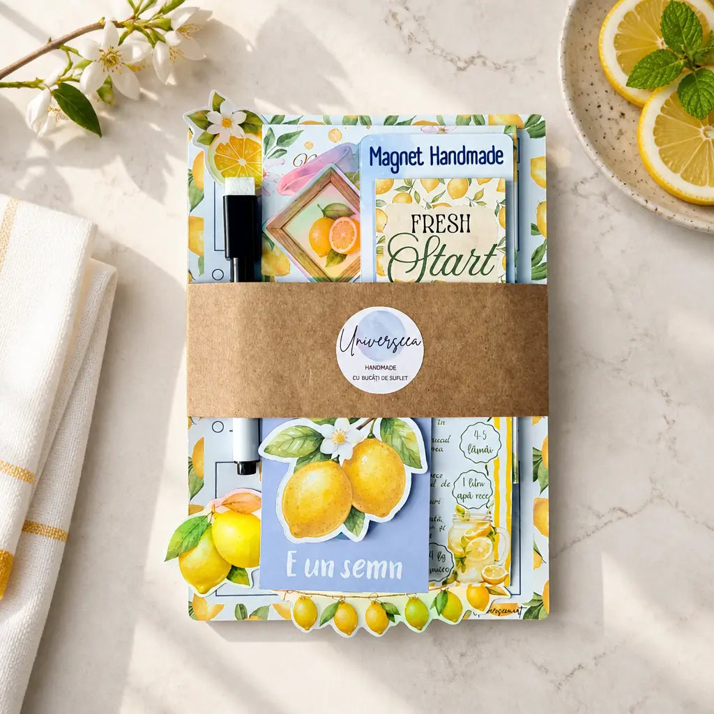 Set cadou handmade Fresh Start în ediție limitată, cu tematică de lămâi, ambalat într-o cutie cadou pe fundal cozy