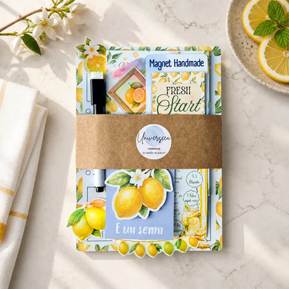 Set cadou handmade Fresh Start în ediție limitată, cu tematică de lămâi, ambalat într-o cutie cadou pe fundal cozy