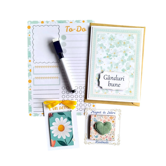 Cadou funcțional și estetic: planner magnetic, semn de carte handmade, magnet 3D și felicitare cadou verde pastel.