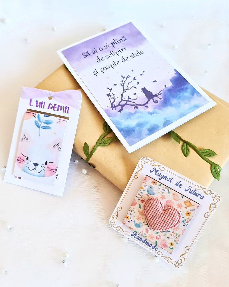 set cadou cu felictare, semn de carte si magnet handmade cu inima pentru iubita, sora, mama, colega