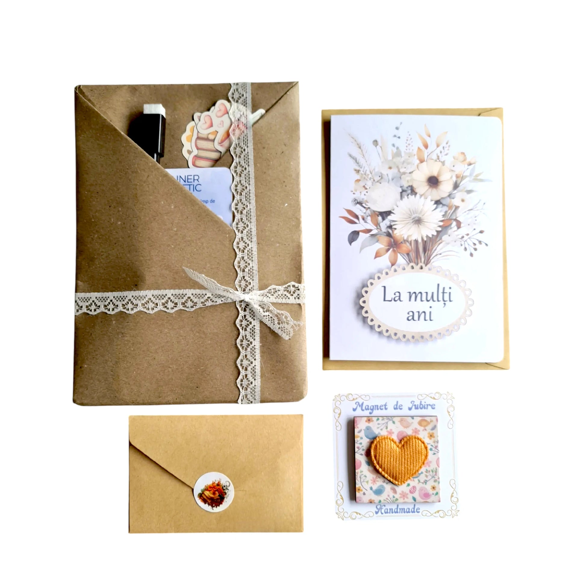 Cadou complet portocaliu pentru femei - set handmade cu planner magnetic, semn de carte, magnet decorativ și felicitare 3D gata de oferit.
