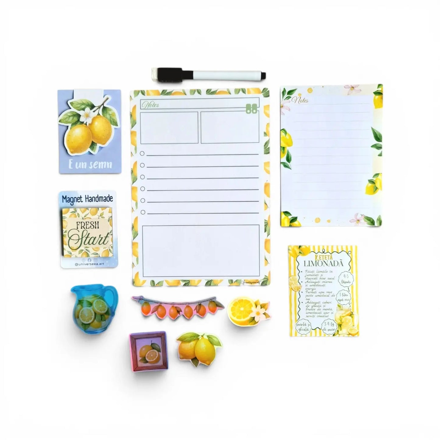Set cadou Fresh Start cu produse handmade ambalate într-o cutie albă cu fundă galbenă și decor cu lămâi